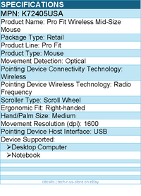 Kensington K72405USA Pro Fit Wireless Mid-Size Mouse - Optical - Right-handed