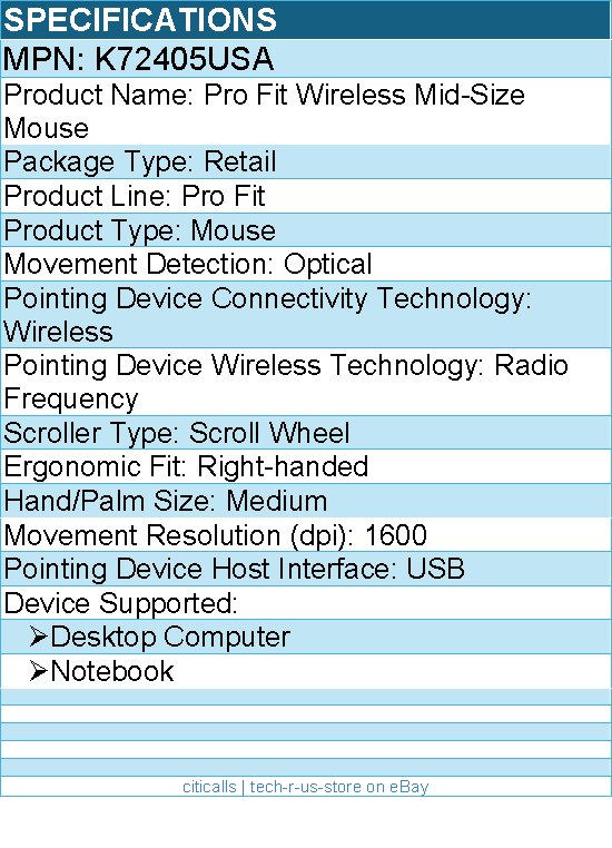 Kensington K72405USA Pro Fit Wireless Mid-Size Mouse - Optical - Right-handed