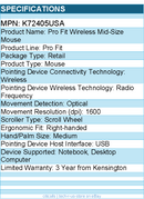 Kensington K72405USA Pro Fit Wireless Mid-Size Mouse - Optical - USB - 1600 dpi