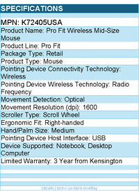 Kensington K72405USA Pro Fit Wireless Mid-Size Mouse - Optical - USB - 1600 dpi
