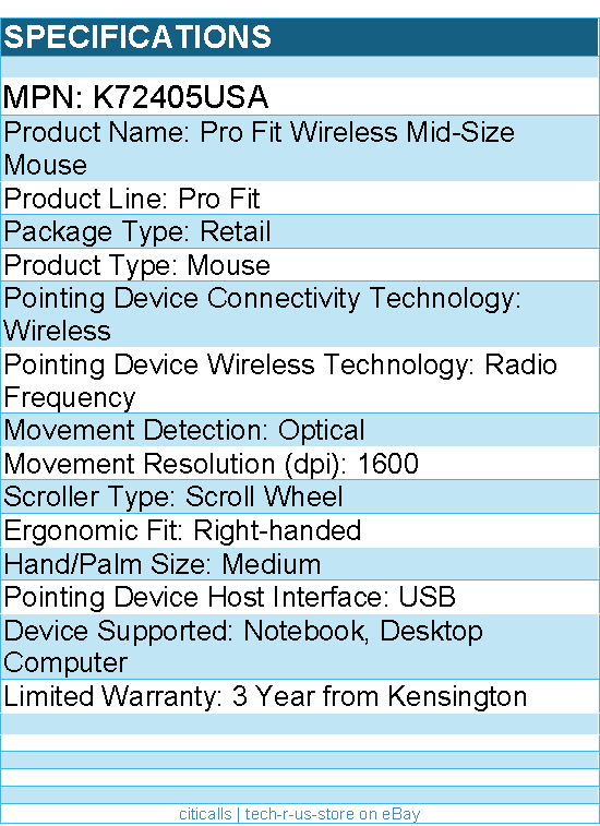 Kensington K72405USA Pro Fit Wireless Mid-Size Mouse - Optical - USB - 1600 dpi