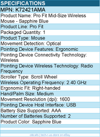 Kensington K72421AMA Pro Fit Mid-Size Wireless Mouse - Optical - Sapphire Blue
