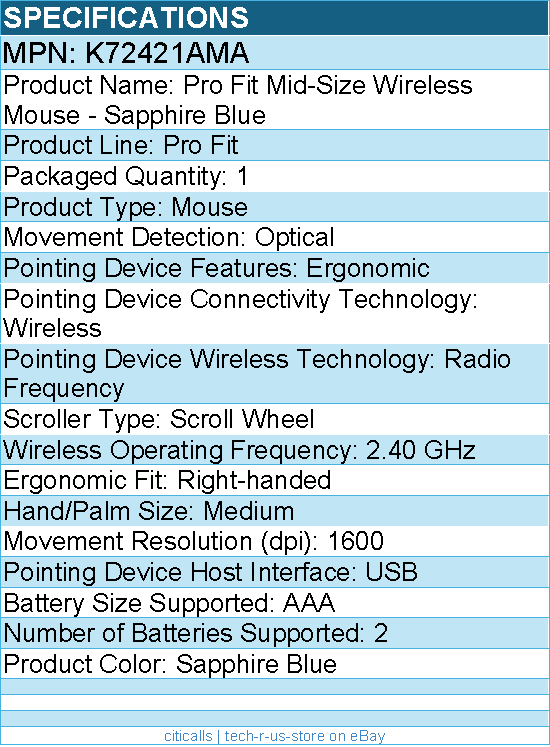 Kensington K72421AMA Pro Fit Mid-Size Wireless Mouse - Optical - Sapphire Blue