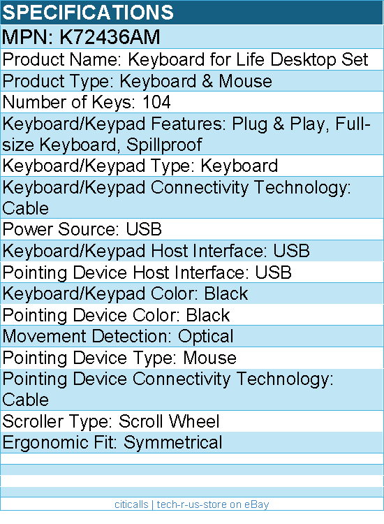 Kensington K72436AM Keyboard and Mouse - USB Cable Keyboard - 104 Key - Black