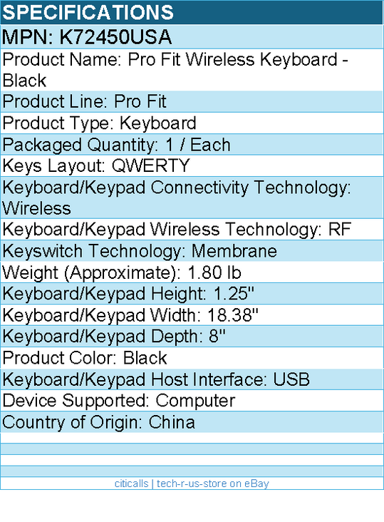 Kensington K72450USA Pro Fit Wireless Keyboard - Wireless Connectivity - Black