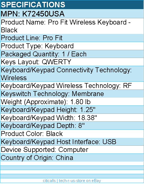 Kensington K72450USA Pro Fit Wireless Keyboard - Wireless Connectivity - Black