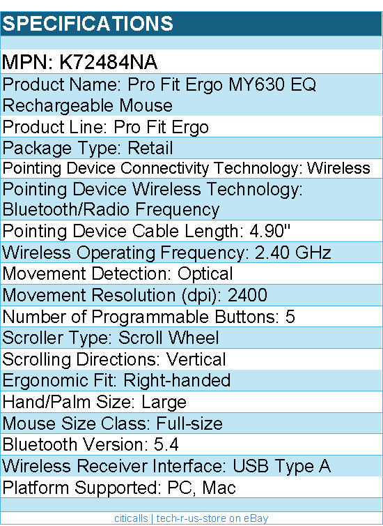 Kensington K72484NA Pro Fit Ergo MY630 EQ Rechargeable Mouse