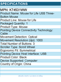 Kensington K74531WW Mouse for Life USB Three-Button Mouse - Optical - Cable