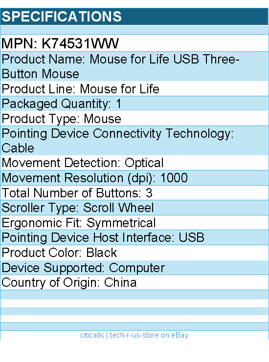 Kensington K74531WW Mouse for Life USB Three-Button Mouse - Optical - Cable