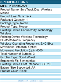 Kensington K75298WW SureTrack Mouse - Optical - Wireless - Bluetooth/RF - Black