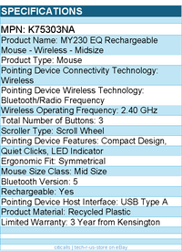 Kensington K75303NA MY230 EQ Rechargeable Mouse - Wireless - Midsize