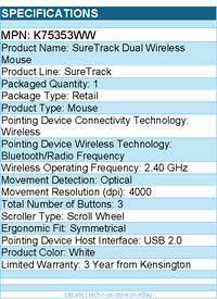 Kensington K75353WW SureTrack Dual Wireless Mouse - Optical - 4000 dpi