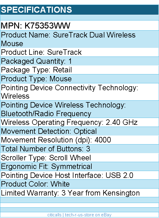 Kensington K75353WW SureTrack Dual Wireless Mouse - Optical - 4000 dpi