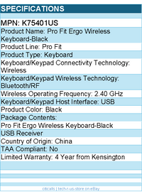 Kensington K75401US Pro Fit Ergo Wireless Keyboard-Black - Bluetooth/RF
