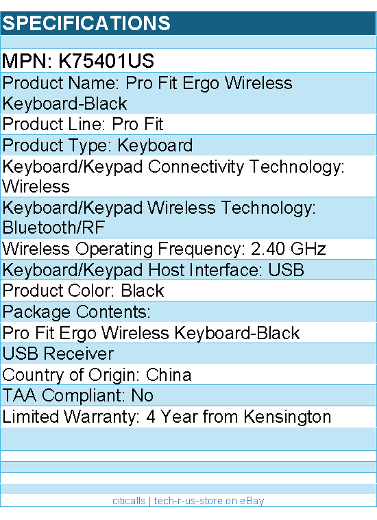 Kensington K75401US Pro Fit Ergo Wireless Keyboard-Black - Bluetooth/RF