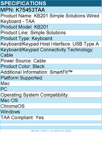 Kensington K75453TAA KB201 KB201 Simple Solutions Wired Keyboard - TAA