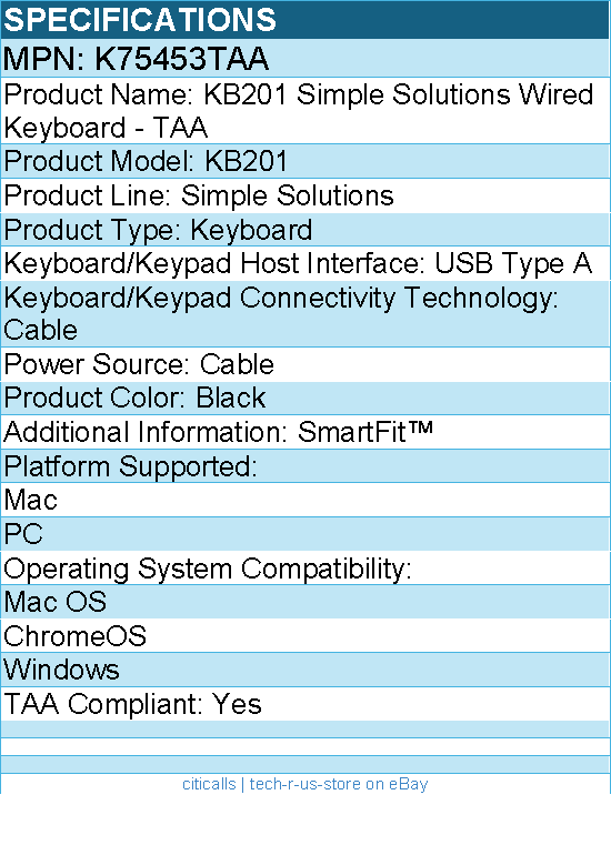 Kensington K75453TAA KB201 KB201 Simple Solutions Wired Keyboard - TAA