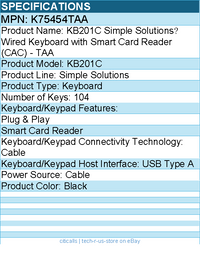 Kensington K75454TAA Simple Solutions️ Wired Keyboard with Smart Card Readear