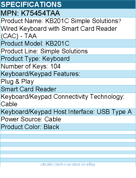 Kensington K75454TAA Simple Solutions️ Wired Keyboard with Smart Card Readear