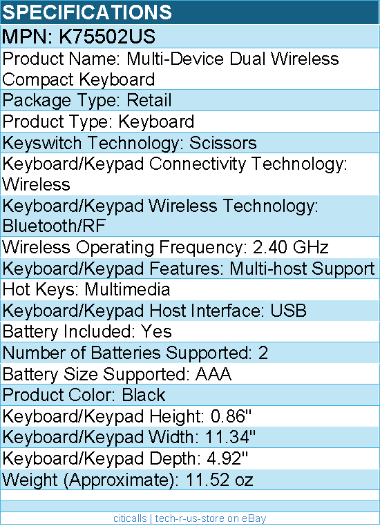 Kensington K75502US Multi-Device Dual Wireless Compact Keyboard - Bluetooth/RF