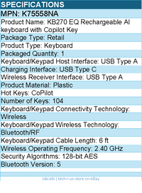 Kensington K75558NA KB270 EQ Rechargeable AI Keyboard with Copilot Key
