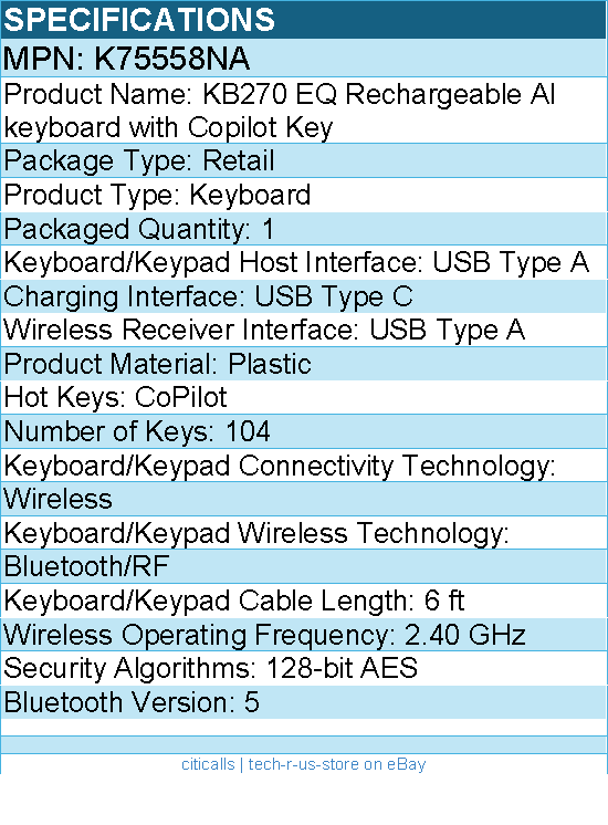 Kensington K75558NA KB270 EQ Rechargeable AI Keyboard with Copilot Key