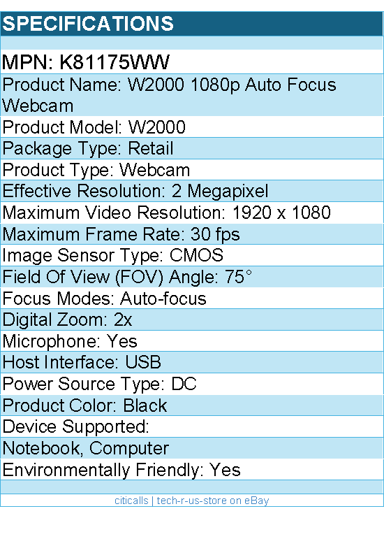 Kensington K81175WW W2000 Webcam - 2 Megapixel - 30 fps - Black - USB - Retail