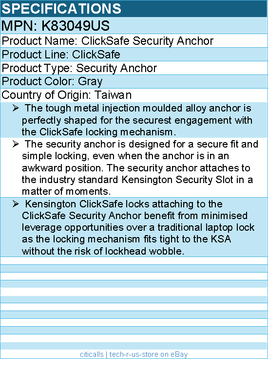 Kensington K83049US ClickSafe Security Anchor - Moulded Alloy Anchor - Gray