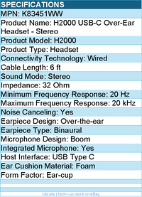 Kensington K83451WW H2000 USB-C Over-Ear Headset - Stereo - USB Type C - Wired