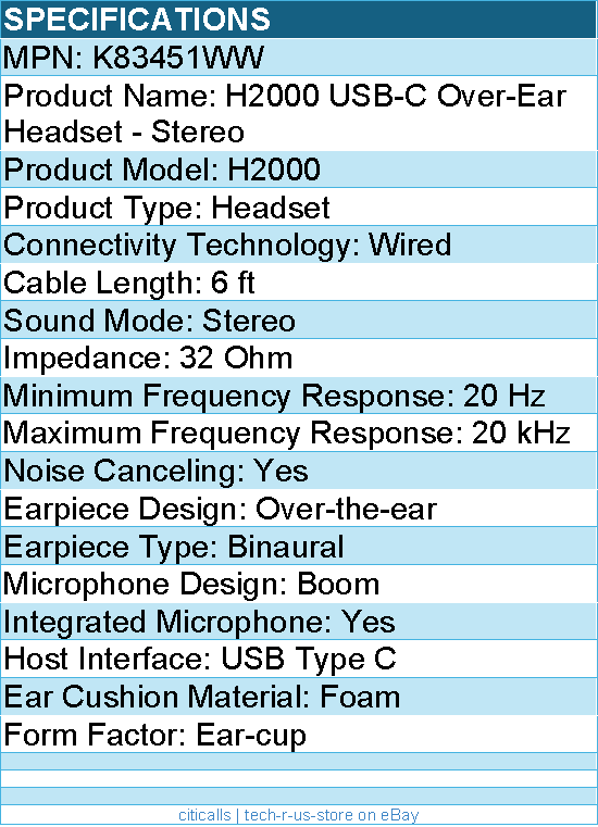 Kensington K83451WW H2000 USB-C Over-Ear Headset - Stereo - USB Type C - Wired