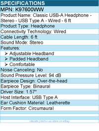 Kensington K97600WW Classic USB-A Headphone - Stereo - USB Type A - Wired - 6 ft