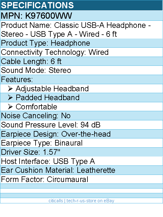 Kensington K97600WW Classic USB-A Headphone - Stereo - USB Type A - Wired - 6 ft