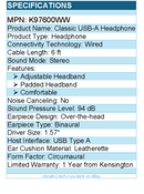 Kensington K97600WW Classic USB-A Headphone - Stereo - USB Type A - Wired