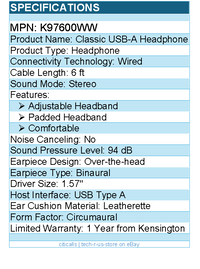 Kensington K97600WW Classic USB-A Headphone - Stereo - USB Type A - Wired