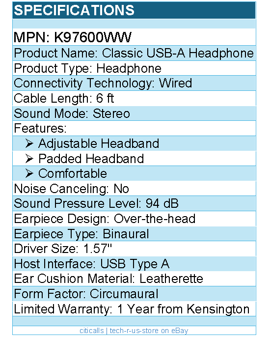 Kensington K97600WW Classic USB-A Headphone - Stereo - USB Type A - Wired