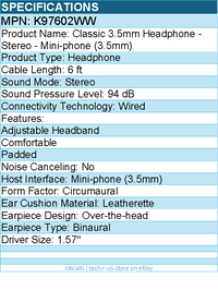 Kensington K97602WW Classic 3.5mm Headphone - Stereo - Mini-phone (3.5mm)
