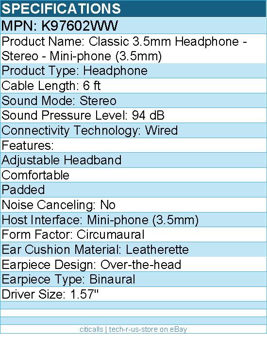 Kensington K97602WW Classic 3.5mm Headphone - Stereo - Mini-phone (3.5mm)