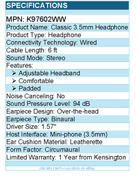 Kensington K97602WW Classic 3.5mm Headphone - Stereo - Mini-phone (3.5mm) -Wired