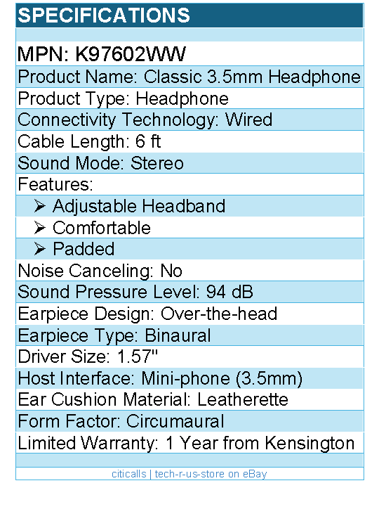 Kensington K97602WW Classic 3.5mm Headphone - Stereo - Mini-phone (3.5mm) -Wired