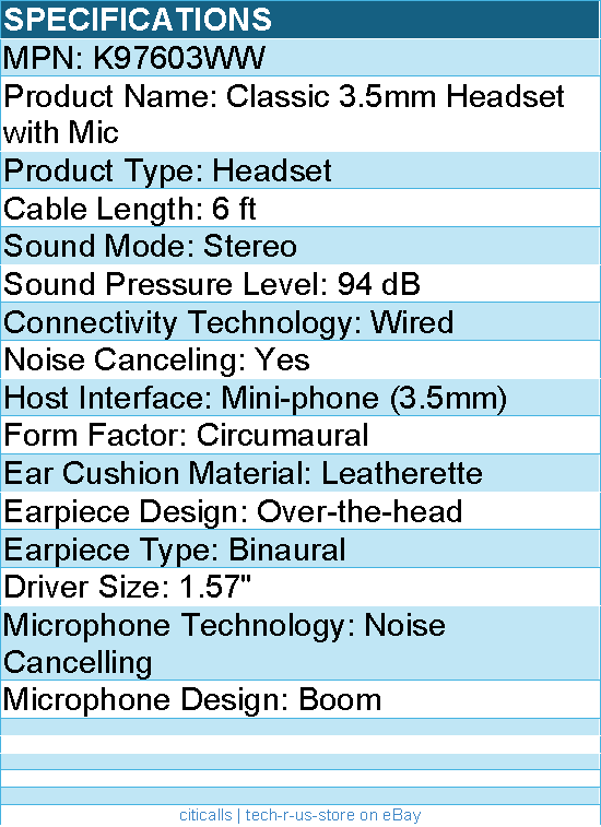 Kensington K97603WW Hi-Fi Headphones with Microphone - Stereo - Wired