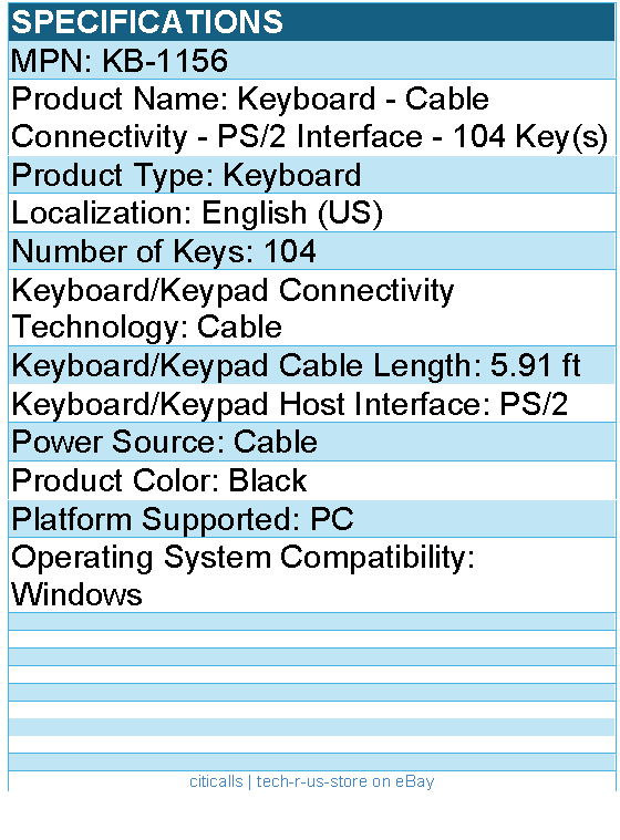 HPI KB-1156 Keyboard - Cable Connectivity - PS/2 Interface - 104 Key(s)