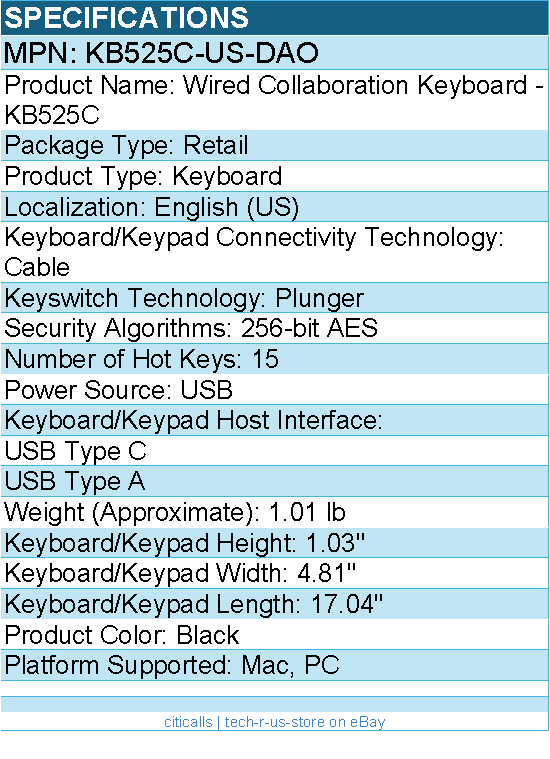 Dell KB525C-US-DAO Wired Collaboration Keyboard - KB525C - Black