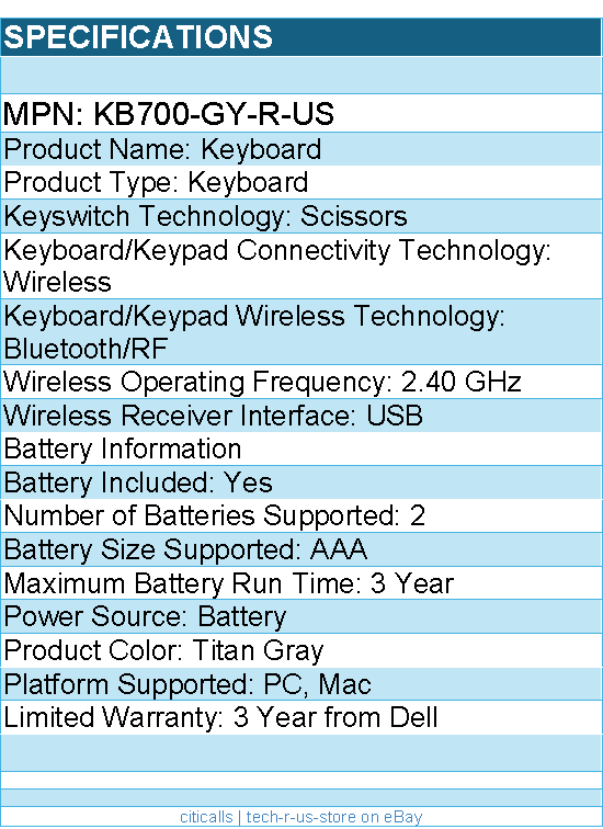 Dell KB700-GY-R-US Keyboard - Wireless - Bluetooth/RF - Titan Gray
