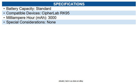 CipherLab KBCENT3X00501 Rk95 New Standard Battery Module, 3000 Mah