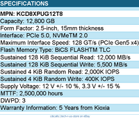 Kioxia KCD8XPUG12T8 SSD - 12.8T 2.5PCIe5 CD8P-V SDF7481GEB 3 DWPD SIE Bare