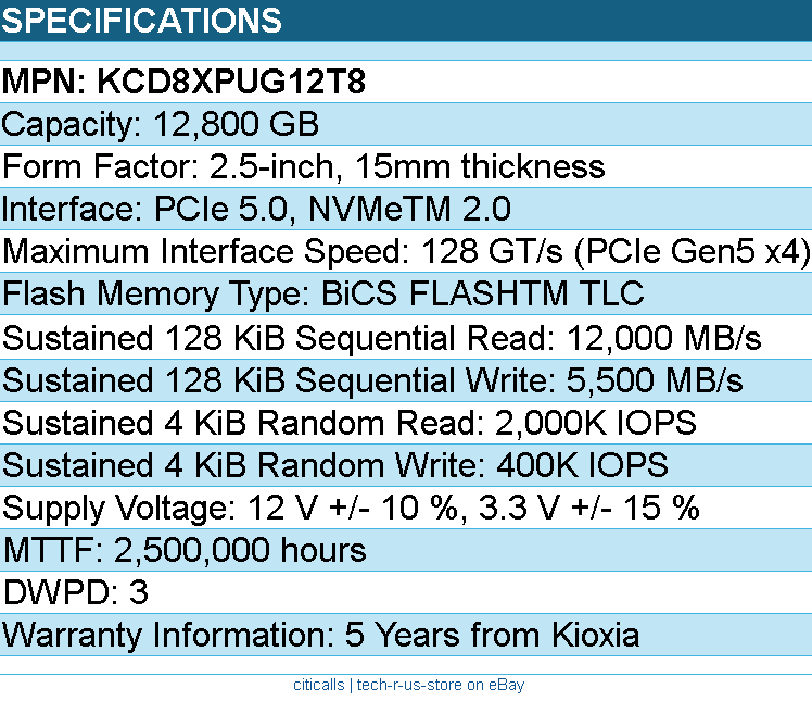 Kioxia KCD8XPUG12T8 SSD - 12.8T 2.5PCIe5 CD8P-V SDF7481GEB 3 DWPD SIE Bare