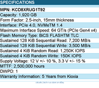 Kioxia KCD8XRUG1T92 SSD - 1.92TB 2.5 PCIe4 CD8-R SDF1E85GEB SIE 1 DWPD Bare