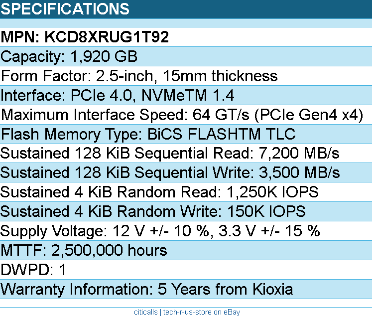 Kioxia KCD8XRUG1T92 SSD - 1.92TB 2.5 PCIe4 CD8-R SDF1E85GEB SIE 1 DWPD Bare
