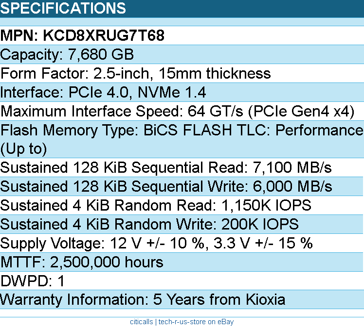 Kioxia KCD8XRUG7T68 SSD - 7.68TB 2.5 PCIe4 CD8-R SDF1E83GEB SIE 1 DWPD Bare
