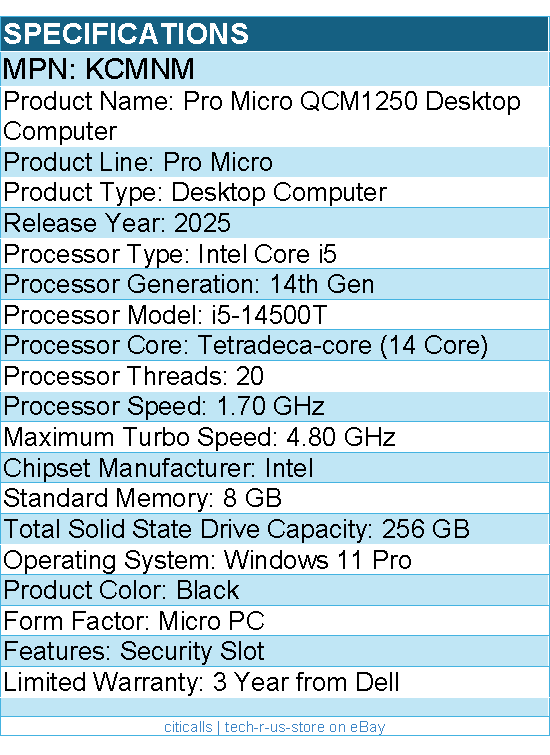 Dell KCMNM Pro Micro QCM1250 Desktop Computer - Intel Core i5 14th Gen